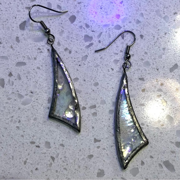 Elegant Handmade Artisan Clear Glass Earrings with Iridescent Finish - Picture 2 of 5